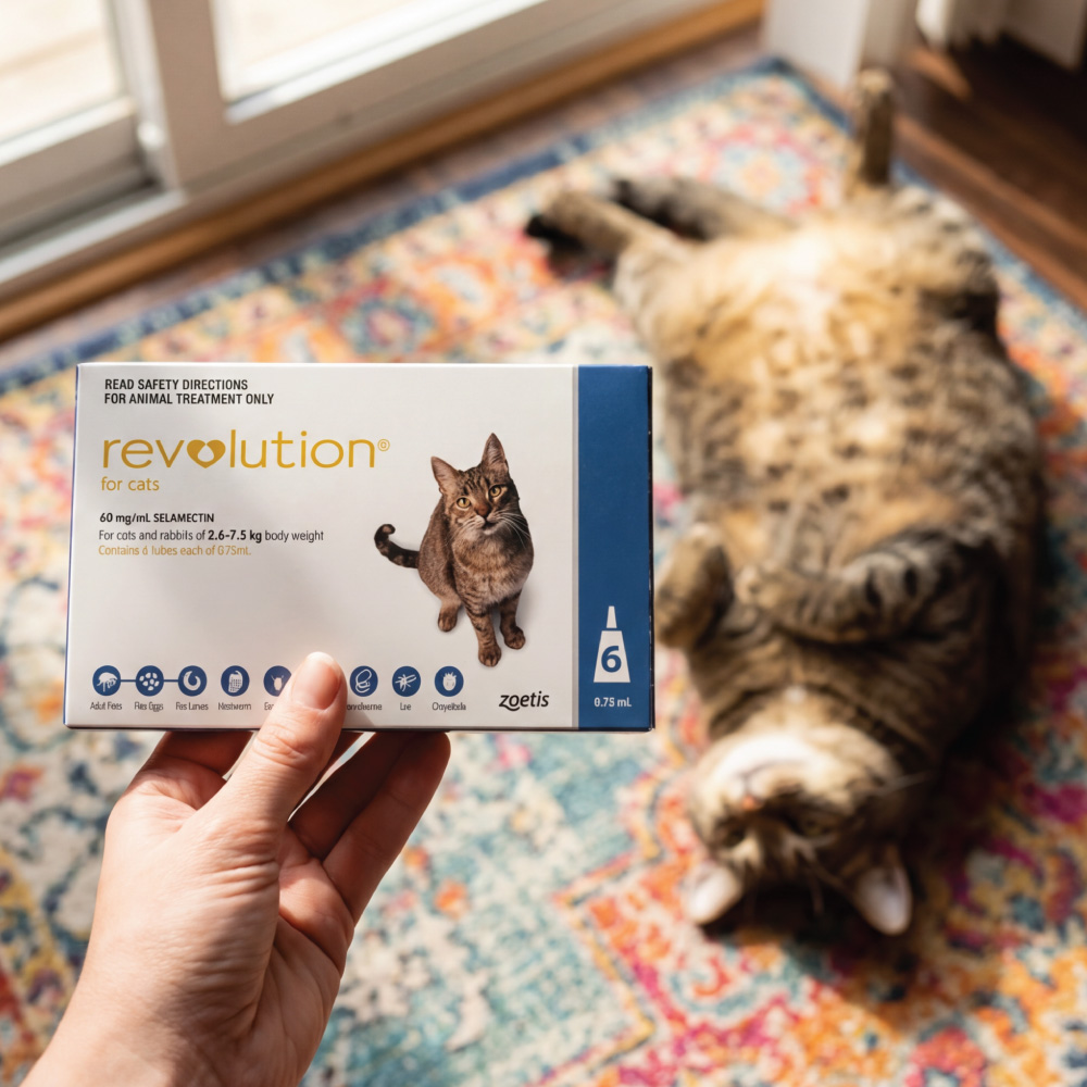 Cat being held at home with Revolution for Cats lifestyle imagery