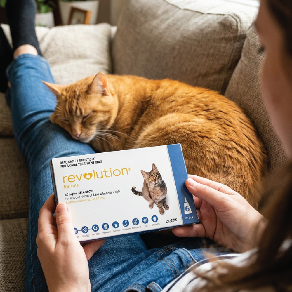 Cat lying on a bed with Revolution for Cats lifestyle image